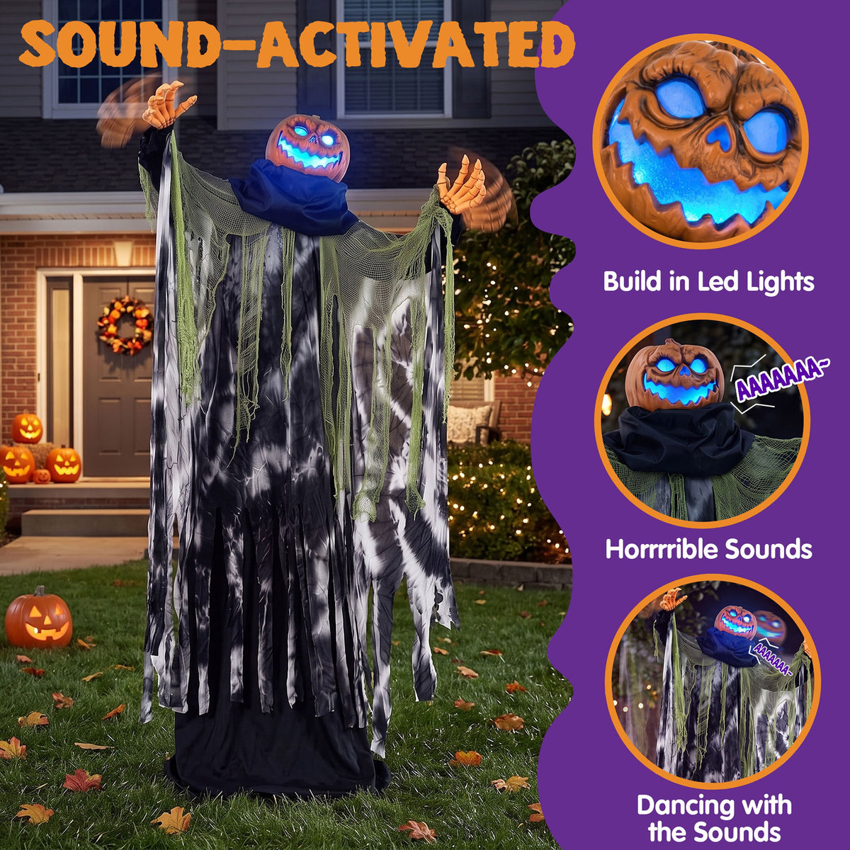 Joyfy 67"(5.6ft) Standing Ghost Large Halloween Decorations Outdoor, Sound-Actived Skeleton with Glowing Eyes & Creepy Sound, Scary Halloween Life Size Animatronics, Haunted House Props for Yard Lawn